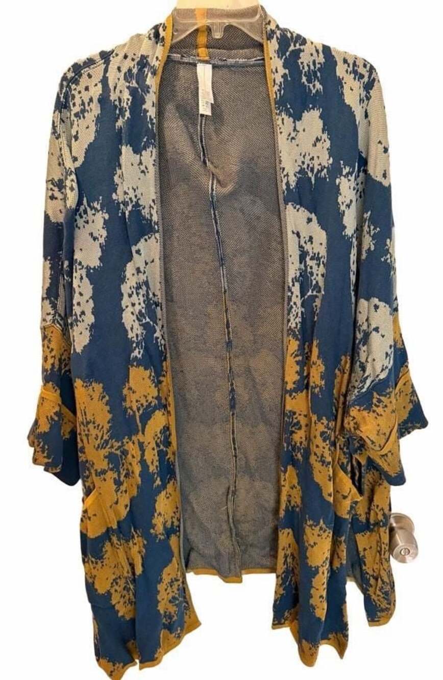 MarlaWynne Jacquard Knit Matte Shine Topper JP 3L Blue Yellow Open Cardigan